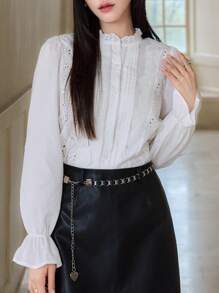 EastFlair Áo cánh tay bèo thêu màu trơn phong cách cung điện mùa thu cho nữ màu trắng - trắng - Xem 5