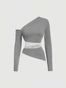 SHEIN MOD 冬季灰色女士不对称下摆撞色蕾丝无袖T恤腰部透视蕾丝性感内衣 - 彩色 - 查看 1