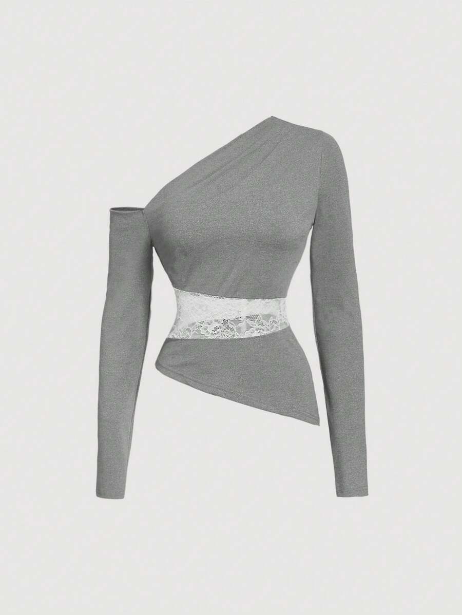 SHEIN MOD 冬季灰色女士不对称下摆撞色蕾丝无袖T恤腰部透视蕾丝性感内衣 - 彩色 - 查看 1