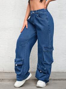 SHEIN EZwear Blugi cu mai multe buzunare de culoare uni cu picioare drepte