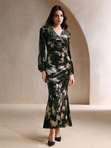 Anewsta V-Neck Wrap Allover Print Elegant Long Sleeve Dress For Holiday Party Clothes Maxi Velvet Women Outfit - Black - View 1