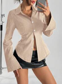 SHEIN Unity 女士休闲条纹长袖纽扣衬衫，秋季