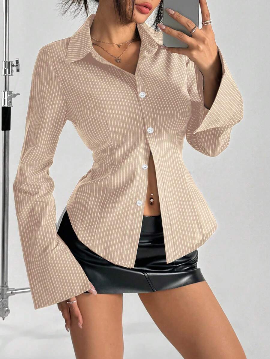 SHEIN Unity 女士休闲条纹长袖纽扣衬衫，秋季