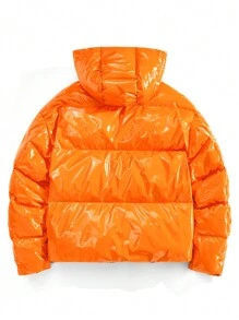 Manfinity RebelGame 男士亮面纯色宽松长袖连帽休闲夹克，冬季外出泡泡袖外套，时尚冬装外套，适合朋友、丈夫、男朋友的礼物 - 橘色 - 查看 8