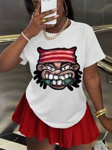 SHEIN Camiseta de manga corta ancha y casual para mujer con estampado de dibujos animados, blusas de verano con gráficos para mujer