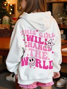 SHEIN Leap Crew Sudadera con capucha de manga larga informal y gruesa con estampado de corazón con cara sonriente de leopardo rosa, adecuada para otoño/invierno, parte trasera de la ropa, para niñas preadolescentes - Blanco - Ver 3