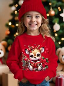 SHEIN Áo nỉ dài tay dày dặn, thoải mái, họa tiết tuần lộc hoạt hình dễ thương dành cho bé gái, thích hợp cho mùa thu/đông. - Màu Đỏ Sâu - Xem 1