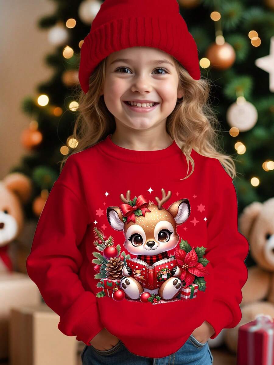 SHEIN Suéter de cuello redondo de punto grueso con estampado de renos de dibujos animados lindos, adecuado para otoño/invierno, cómodo y casual para niñas jóvenes - Burdeos - Ver 1