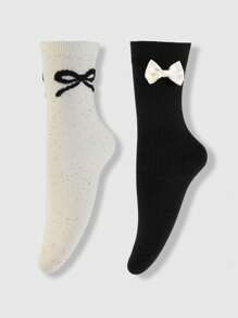 2 Pairs Women's Soft, Breathable, Cute & Simple Korean/Japanese Style Black + Beige Polka Dot Bow Crew Socks, Perfect For Women And Girls, Daily Wear, Gift Box Packaging - Black and White - View 3