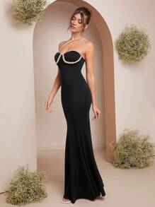 L'Amorae 仿珍珠缀饰紧身美人鱼连衣裙 - 黑色 - 查看 4