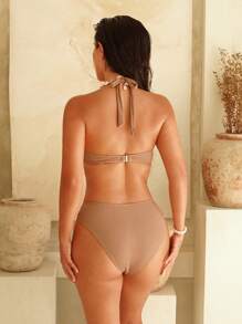 SHEIN Swim Textured Fabric V-Neck Twist Front Top And Regular Shorts 2PCS Women Bikini Set, Vacation Style Summer