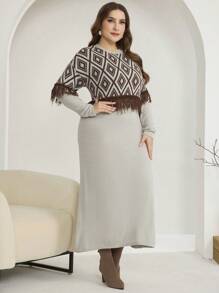 Mulvari Plus Size Women Elegant Geometric Pattern Contrast Fringe Trim Drop Shoulder Loose Sweater Dress, For Winter
