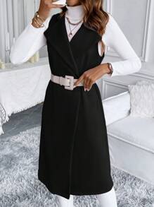 EMERY ROSE Áo khoác dài vừa phải không tay màu trơn giản dị, mùa thu/đông - màu đen - Xem 3