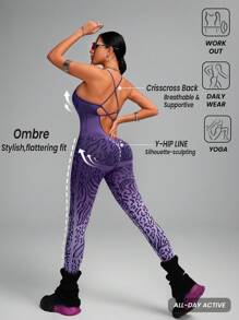 Innovista Seamless Animal Texture Ombre Athletic Sports Spaghetti Strap Jumpsuit, Tummy Control & Butt-Lifting Overall, Workout Outfits, Ombre Purple Spaghetti Strap Jumpsuit Workout, Spaghetti Strap Jumpsuits For Woman - Purple - View 3