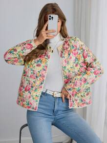 SHEIN VCAY 女士花卉印花长袖口袋短款夹棉外套，冬季 - 黃色 - 查看 2