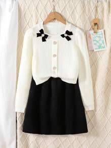 SHEIN Tween Girls Sweater Co-Ords With Elegant Pearl Buttons And 3D Bow Decor, Paired With Minimalist Solid A-Line Skirt, Suitable For Parties And Outings - Multicolor - View 8