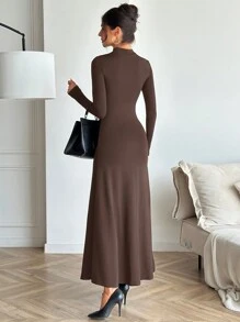 Firerie Đầm đuôi cá tay dài ôm sát cổ kim loại thời trang thanh lịch, thiết kế tối giản để đi chơi, mùa thu/đông - màu nâu - Xem 7