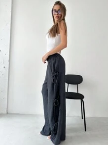 Aloruh 1 件优雅纯色纹理面料侧系带直腿修身裤 - 杏色 - 查看 3