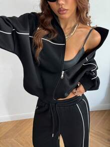 Coolane 女士两件套前拉链长袖连帽衫和抽绳腰裤休闲套装 - 黑色 - 查看 2