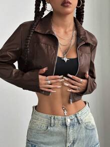 StreetHx Y2k Cropped Burgundy Leather Zip-Up Jacket - Maroon - View 3
