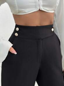 EURMUSE Women's Solid Gold Button Detailed Pants - Black - View 6