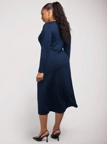 SHEIN Clasi Plus Size Elegant Sapphire Blue Embellished Button High Slit Long Dress