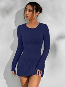 SHEIN Unity 纯色圆领长袖简约短款休闲学院风女式连衣裙