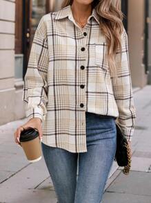 INAWLY Áo sơ mi dài tay cài nút họa tiết kẻ caro thường ngày cho nữ - trắng - Xem 4