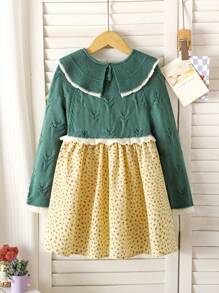 年轻女孩秋冬季碎花圆领插肩长袖可爱毛衣连衣裙 - 綠色 - 查看 2