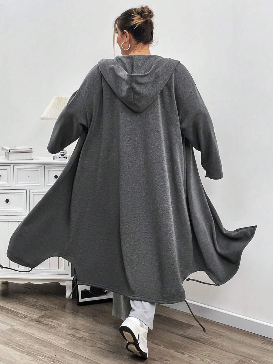 SHEIN CURVE+ 大码女式秋冬拉链斜口袋连帽运动衫夹克 - 灰色 - 查看 1