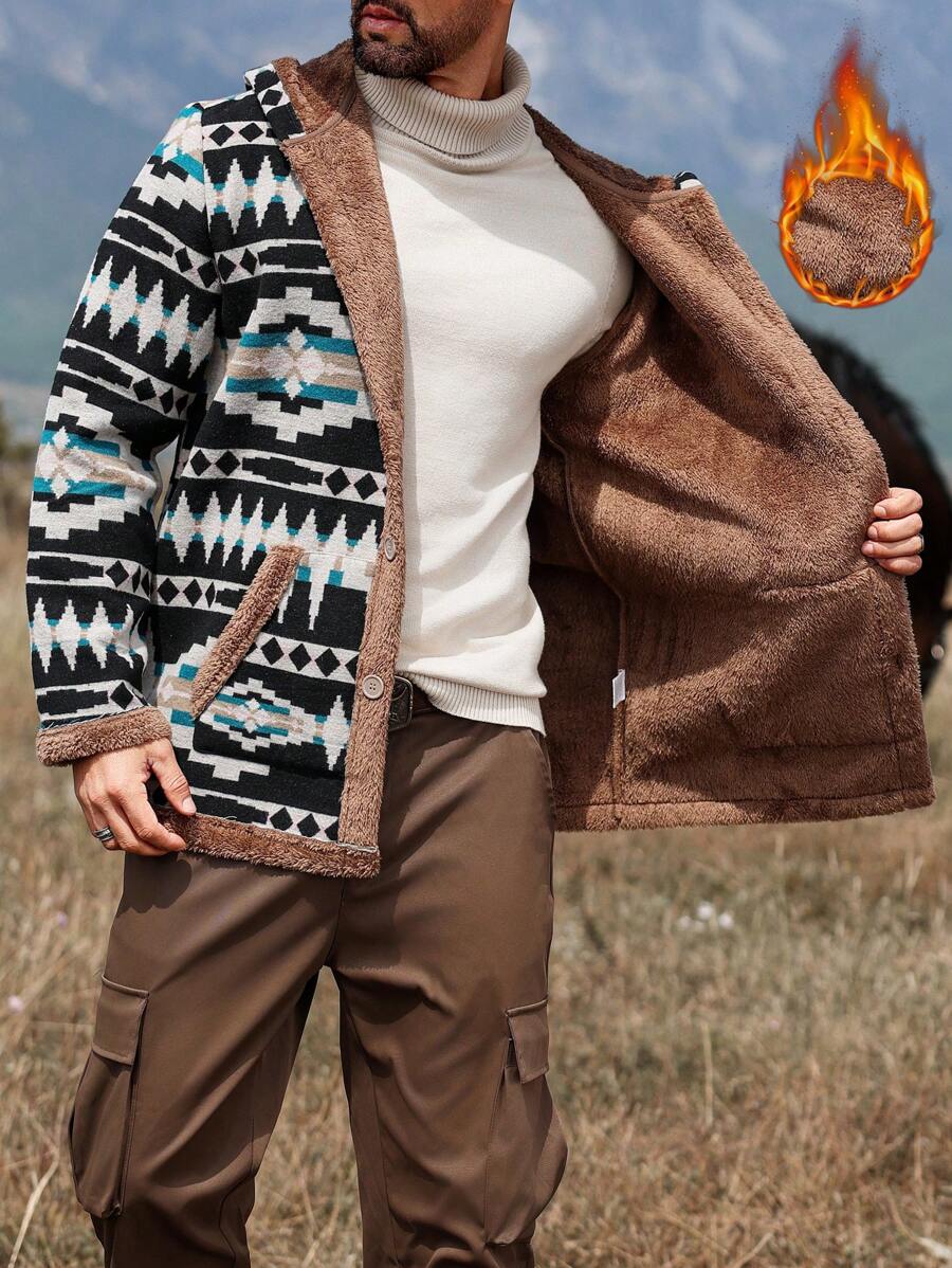 Manfinity Homme Casaco com Capuz de Botão Único e Padrão Geométrico para Homens - Multicolorido - Visão 1
