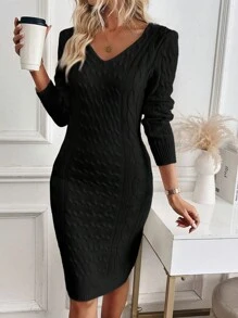 SHEIN Clasi Vestido tipo jersey ajustado con parches de encaje en unicolor casual para mujer, otoño/invierno