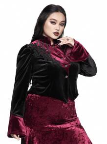 ROMWE Goth New Year Holiday Warm Thermal Velvet Lace Floral Splice Puff Sleeve Cardigan Jacket, Plus Size, For Winter - Black - View 6