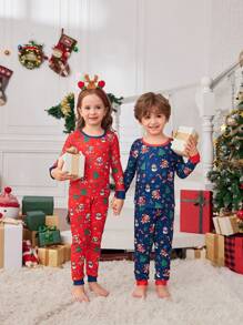 Young Girl Christmas Tree & Deer Graphic Snug Fit Long Sleeve Pajama Set