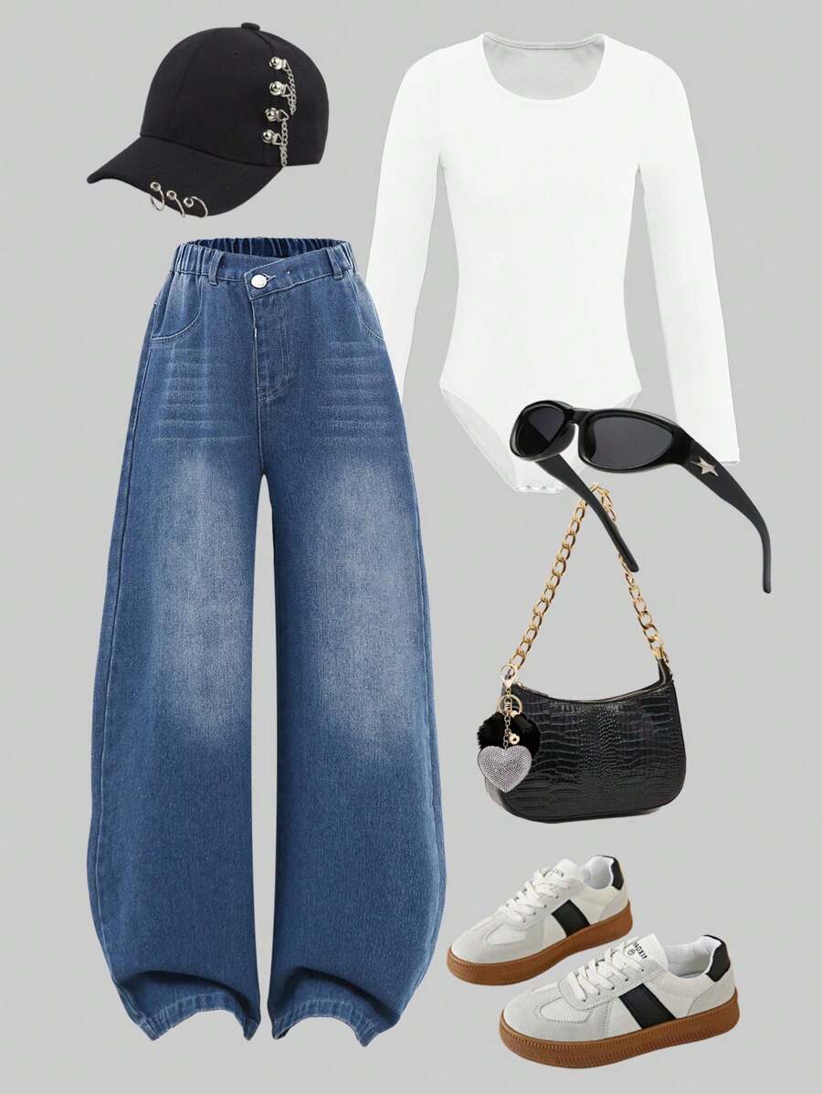 SHEIN 1 套青少年女孩紧身衣和休闲宽松不对称腰部阔腿牛仔裤套装，时尚百搭的日常穿着 - 白色 - 查看 1