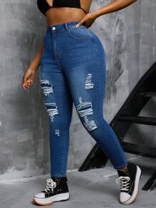 SHEIN SXY Pantalones vaqueros pitillo azules con parches desgastados y elásticos para mujer de talla grande, estilo casual de otoño/invierno - Azul - Ver 5