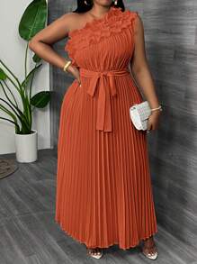 Slaydiva Elegant Luxurious Party Oblique Shoulder Asymmetrical Ruffle Hem Drape Fabric Apricot Summer Dress, Plus Size - Redwood - View 1