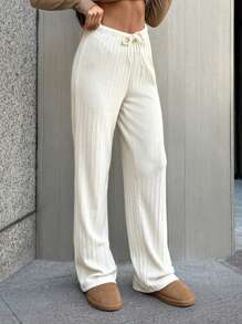 EURMUSE Women's Solid Casual Drawstring Knitted Pants - Beige - View 4