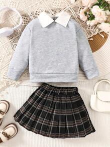 SHEIN 2 件套年轻女孩休闲毛绒领运动衫和褶皱格子裙，适合春秋季节 - 淺灰色 - 查看 3