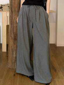 DAZY Women's Striped Cinched Waist Decor Wide Leg Pants