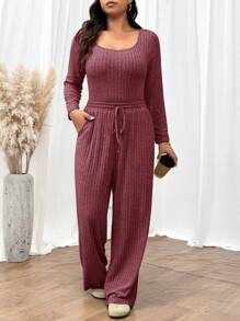 SHEIN Frenchy Conjunto de 2 piezas de body y pantalones de punto acanalado de talla grande, conjunto de entrenamiento cómodo, chándal, estilo casual, body de manga larga y pantalones de pierna ancha, ropa básica esencial de otoño e invierno