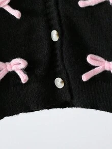 SHEIN 年轻女孩时尚别致可爱手工装饰蝴蝶结针织毛衣外套，适合秋冬季 - 黑色 - 查看 5