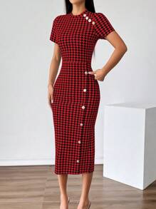 SHEIN Privé 1pc Women Elegant Houndstooth Print Fitted Dress - Red - View 4