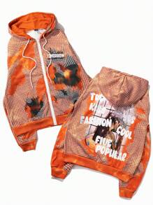 Manfinity EMRG Sudadera con capucha de moda urbana para hombres con efecto rasgado 3D y estampado de rejilla, sudadera con capucha con estilo callejero de