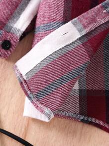 SHEIN 2pcs/Set Young Girl Vintage Plaid Shacket And Casual Minimalist Strap Jumpsuit Outfit, Spring & Autumn - Red - View 5
