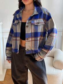 SHEIN EZwear Chaqueta corta informal de color block a cuadros para otoño