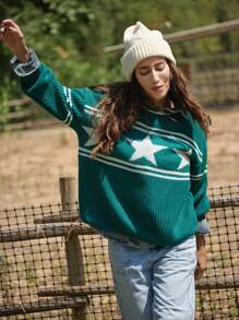 LanaWest Women's Round Neck Long Sleeve Simple Pentagram Pattern Casual Knitted Sweater Fall Winter - Green - View 8