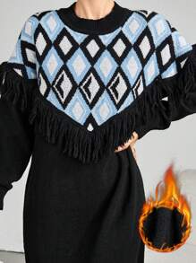 Mulvari Women's Rhombus Pattern Round Neck Tassel Elegant Long Sleeve Sweater Dress