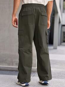 Manfinity Homme Men's Solid Color Pocket Drawstring Casual Pants, Versatile - Army Green - View 2