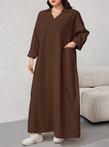 Mulvari Plus Size Women Abstract Portrait Print Dropped Shoulder Loose V-Neck Dress,Spring/Autumn - Coffee Brown - View 5